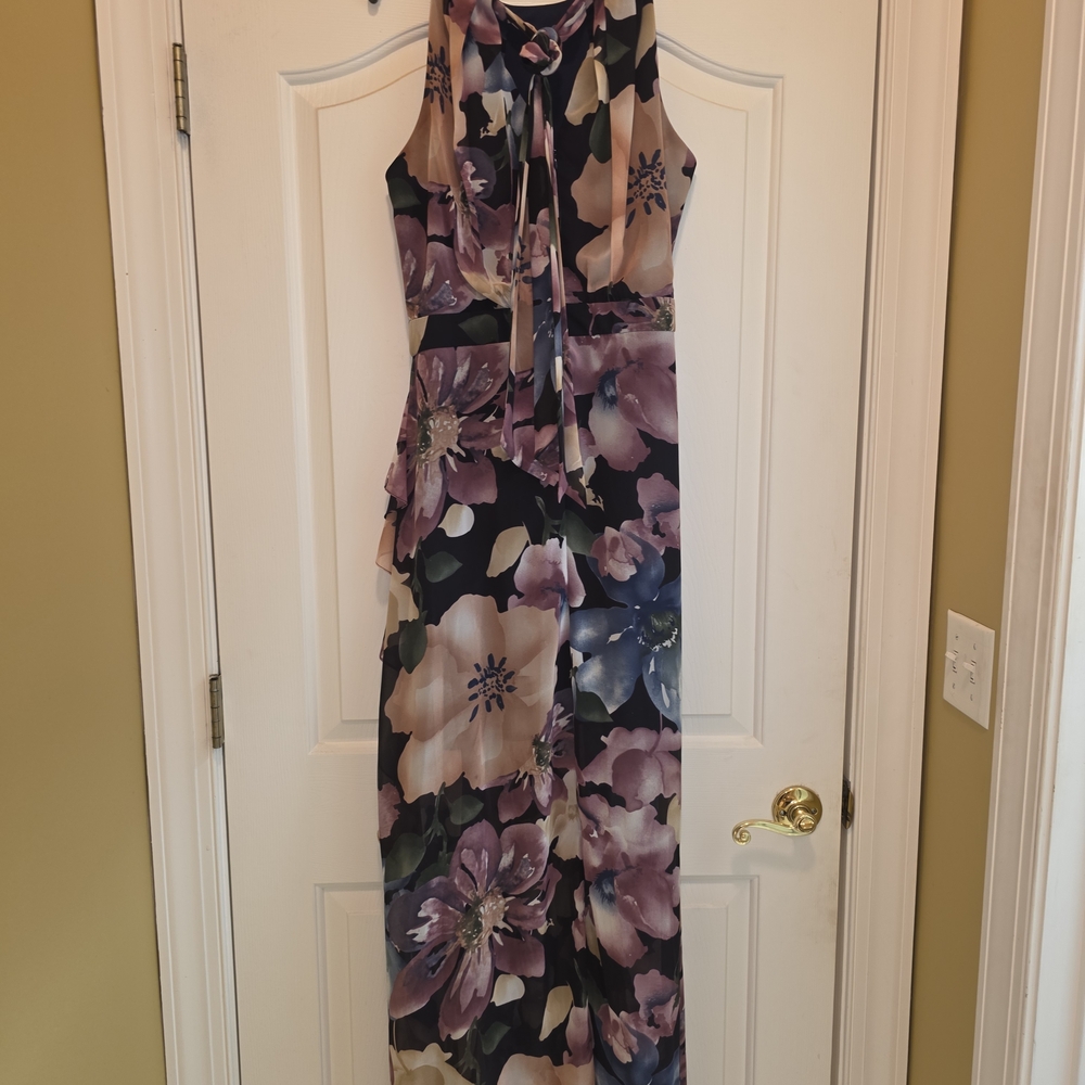 Asymmetrical Floral Ruffle Maxi Dress in Wine and Rose